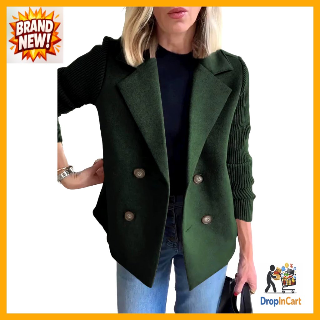 Double Breasted Wool Pea Coat Notched Lapel Ribbed Knit Sleeves Blazer Jacket